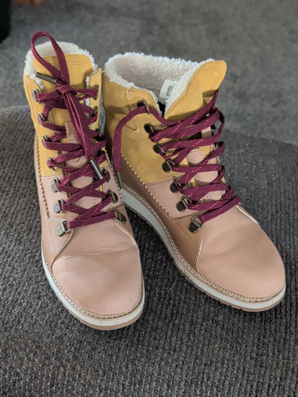Toms Pink and Mustard Lace-Up Shearling-Trim Boots